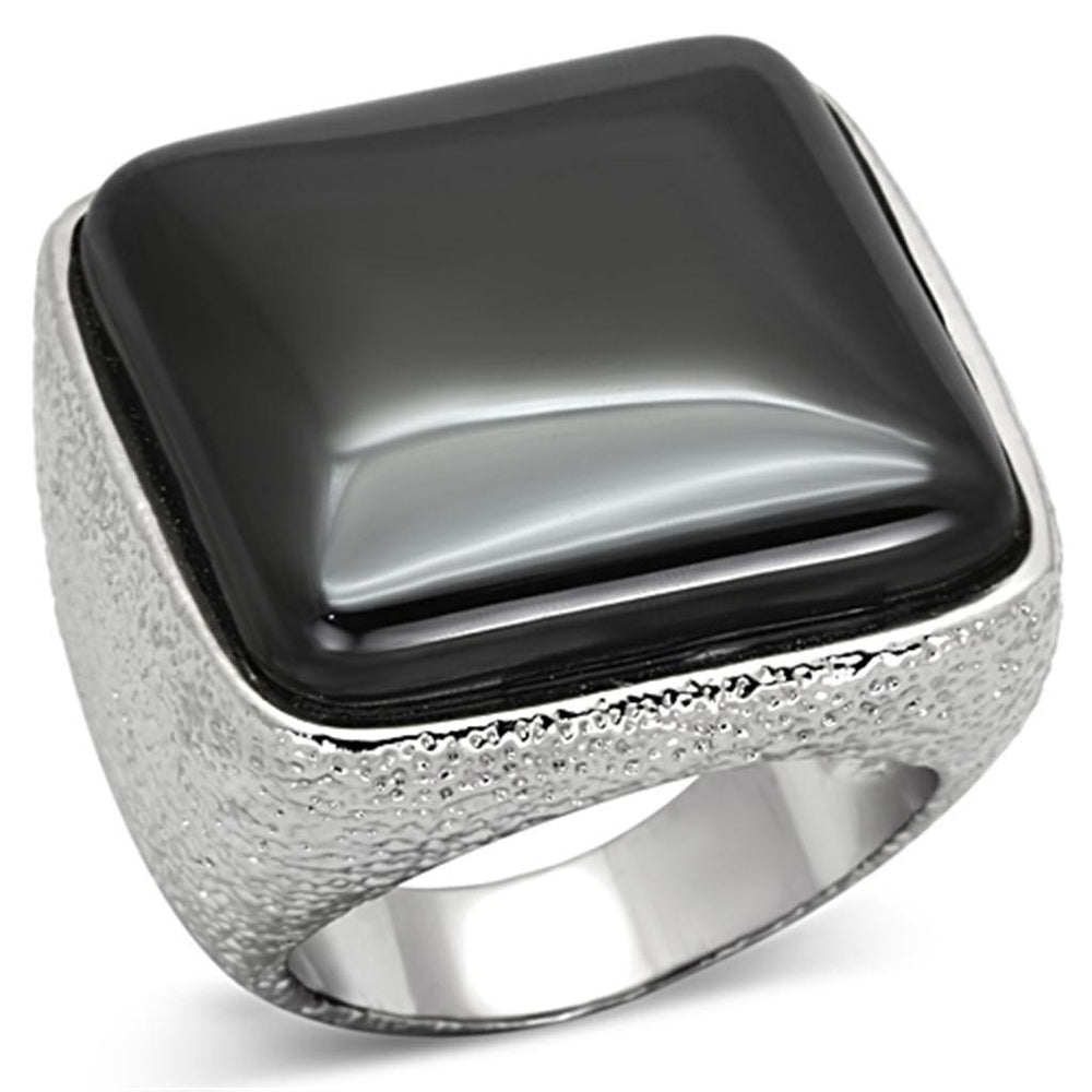 Alamode Rhodium Brass Ring with Semi-Precious Agate in Jet - Alamode