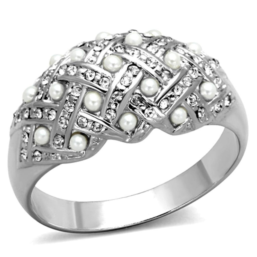 Alamode Rhodium Brass Ring with Synthetic Pearl in White - Alamode