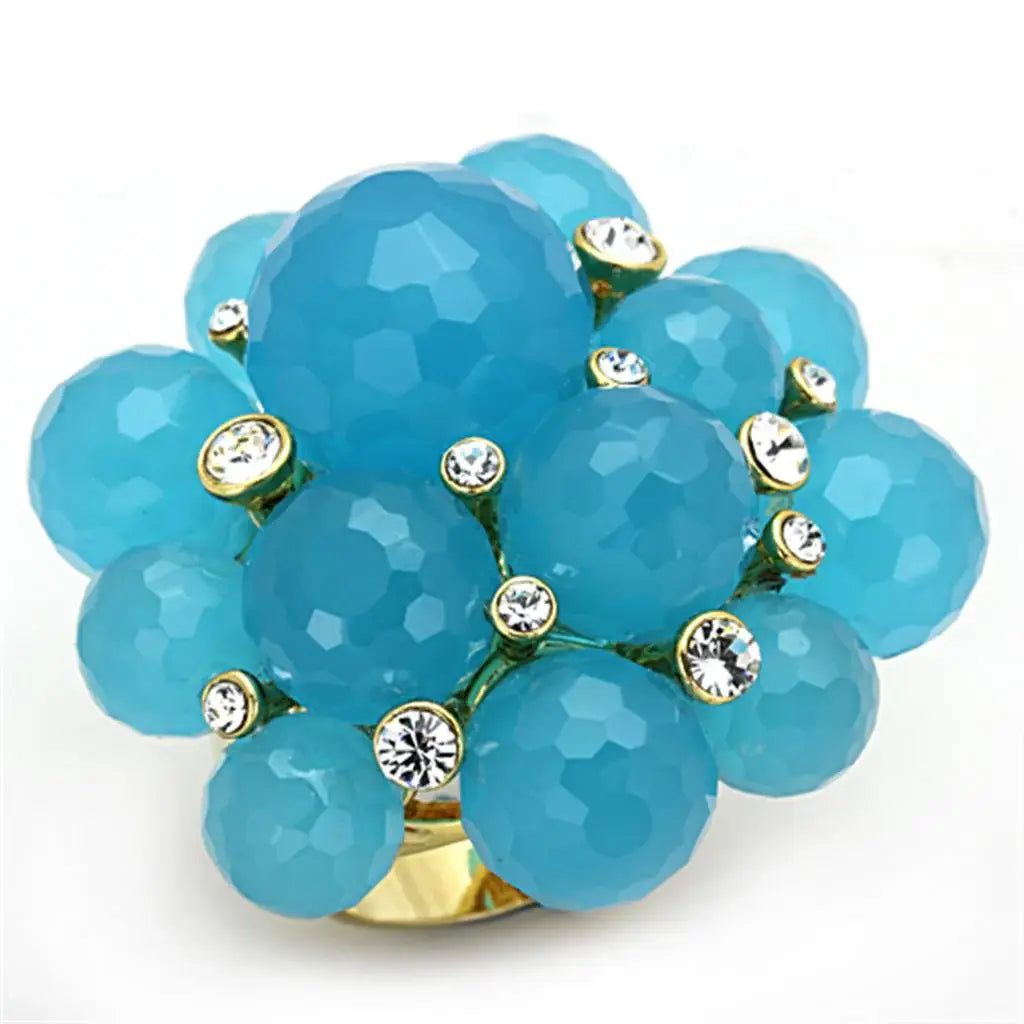 Alamode Gold Brass Ring with Synthetic Synthetic Glass in Sea Blue - Alamode - Flyclothing LLC