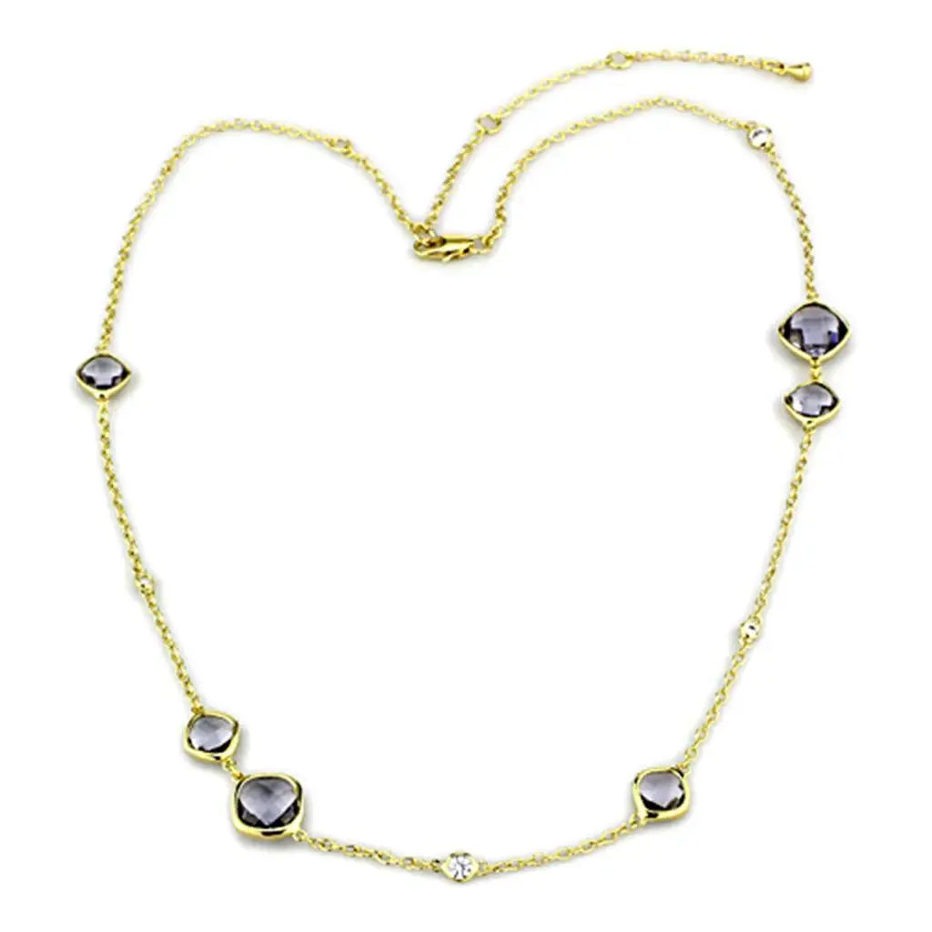 Alamode Gold Brass Necklace with Synthetic Synthetic Glass in Amethyst - Alamode - Flyclothing LLC