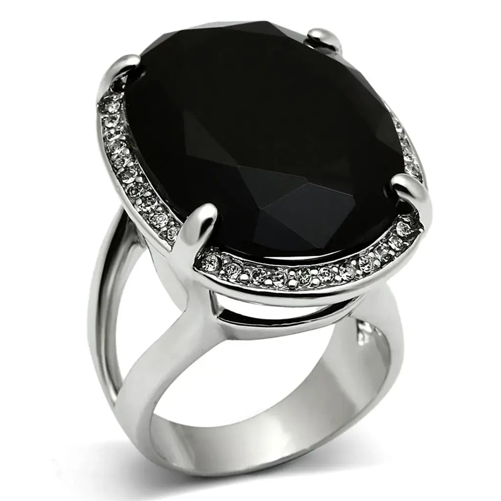Alamode Rhodium Brass Ring with Synthetic Synthetic Glass in Jet - Alamode - Flyclothing LLC