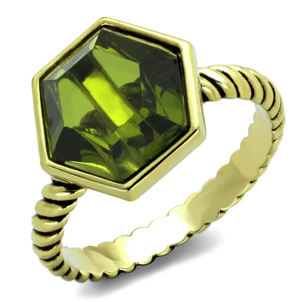Alamode Gold Brass Ring with AAA Grade CZ in Olivine color - Alamode - Flyclothing LLC