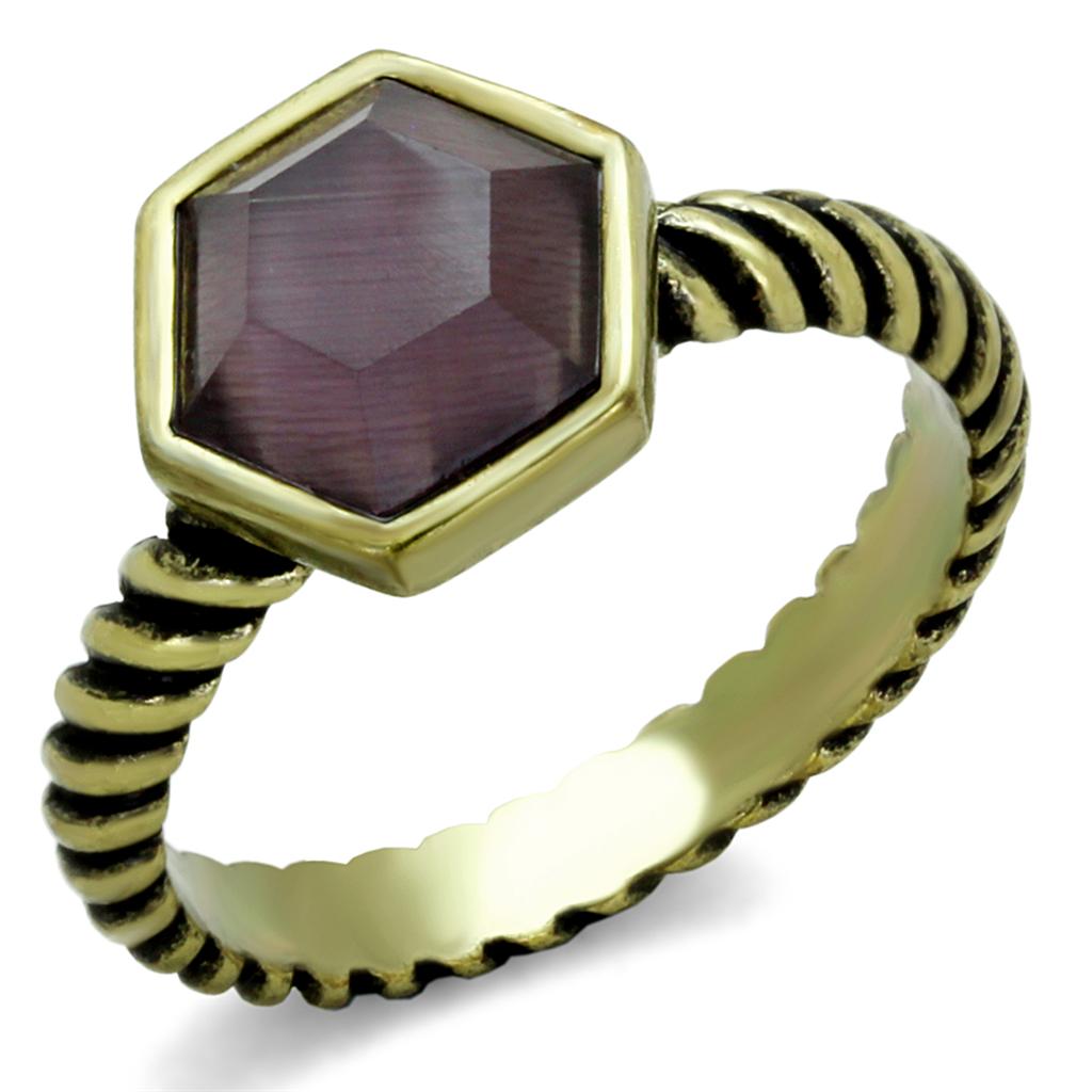 Alamode Antique Copper Brass Ring with Synthetic Cat Eye in Amethyst
