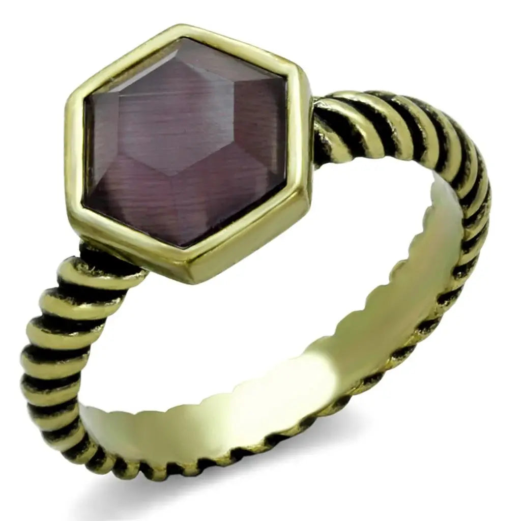 Alamode Antique Copper Brass Ring with Synthetic Cat Eye in Amethyst - Alamode - Flyclothing LLC