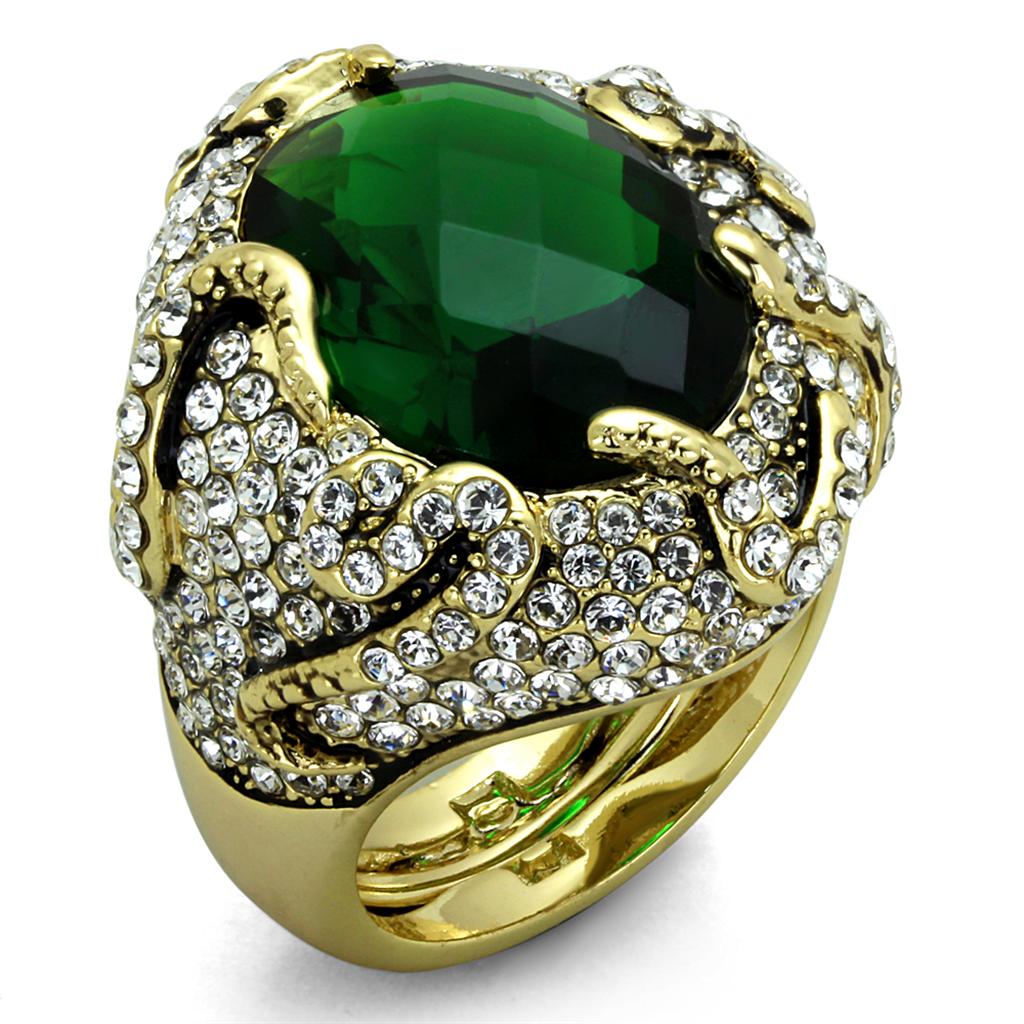 Alamode Flash Gold Brass Ring with Synthetic Synthetic Glass in Emerald