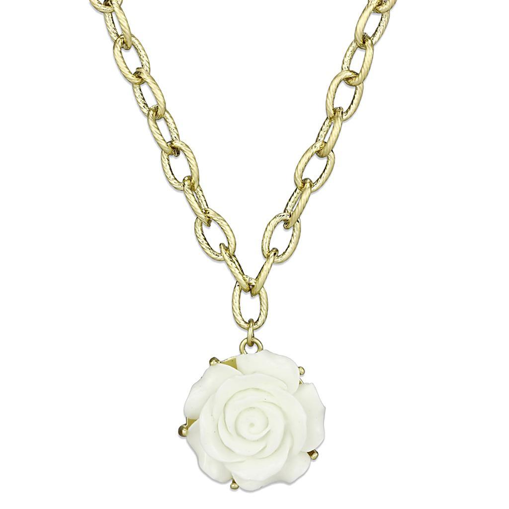 Alamode Gold & Brush Brass Necklace with Synthetic Synthetic Stone in White - Alamode