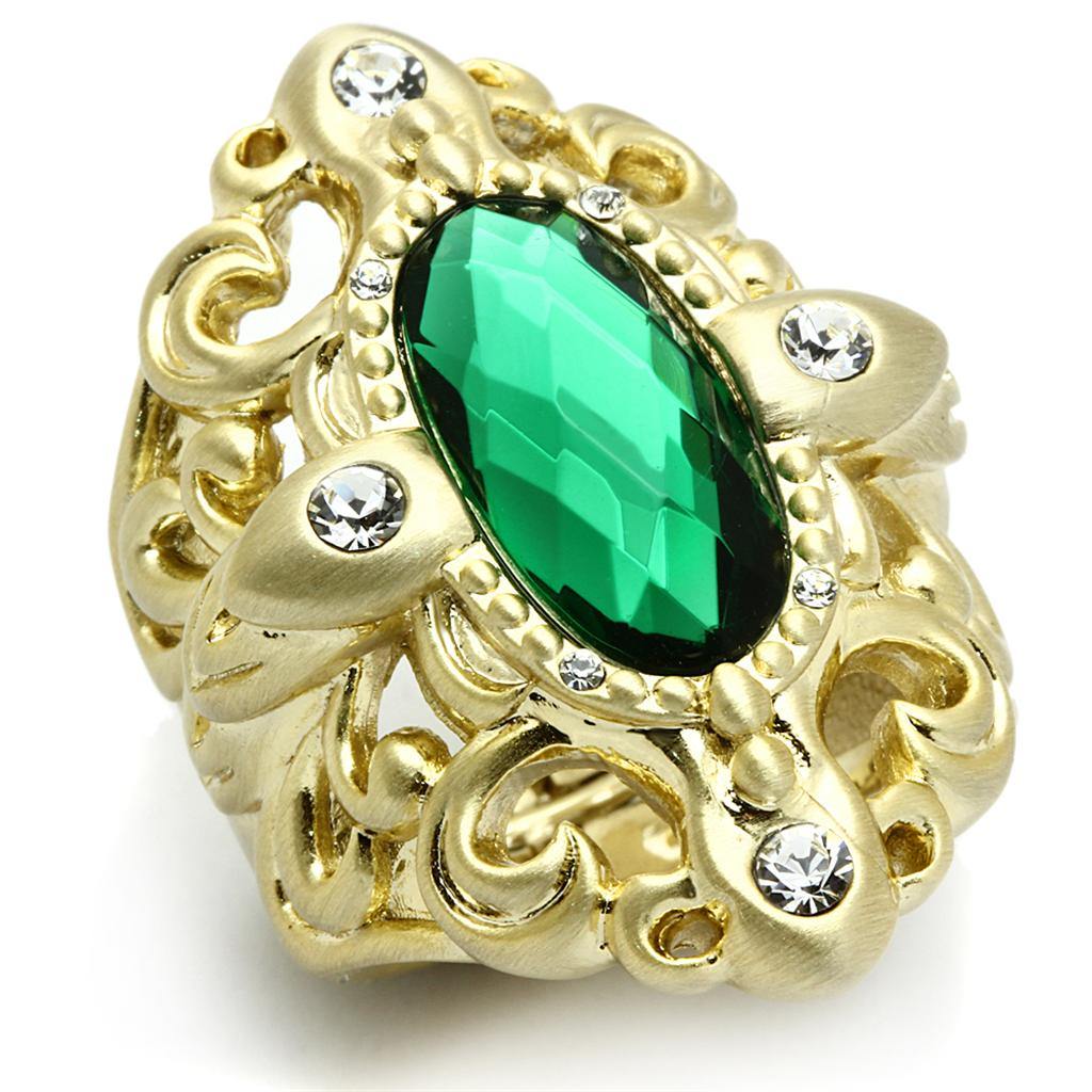 Alamode Gold & Brush Brass Ring with Synthetic Synthetic Glass in Emerald - Alamode