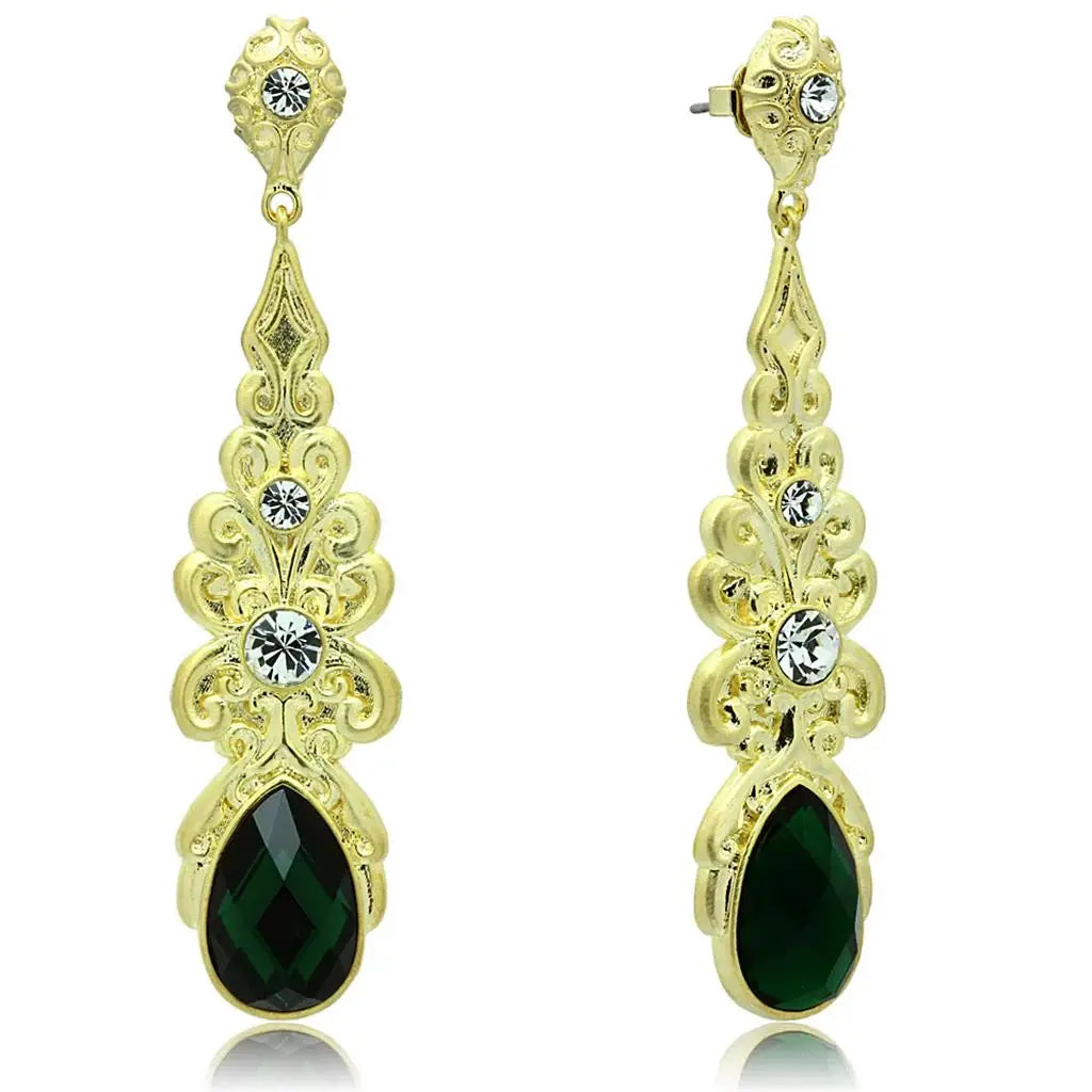 Alamode Gold & Brush Brass Earrings with Synthetic Synthetic Glass in Emerald - Alamode - Flyclothing LLC