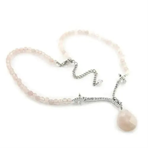 Alamode Silver Brass Chain Pendant with Precious Stone PINK CRYSTAL in Light Rose - Alamode - Flyclothing LLC