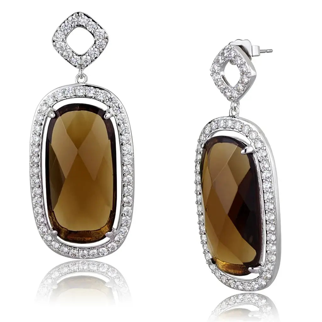Alamode Rhodium Brass Earrings with Synthetic Synthetic Glass in Brown - Alamode - Flyclothing LLC