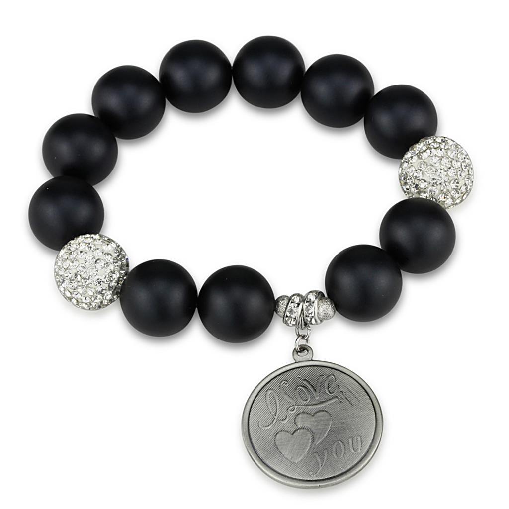 Alamode Antique Silver White Metal Bracelet with Synthetic Onyx in Jet - Alamode
