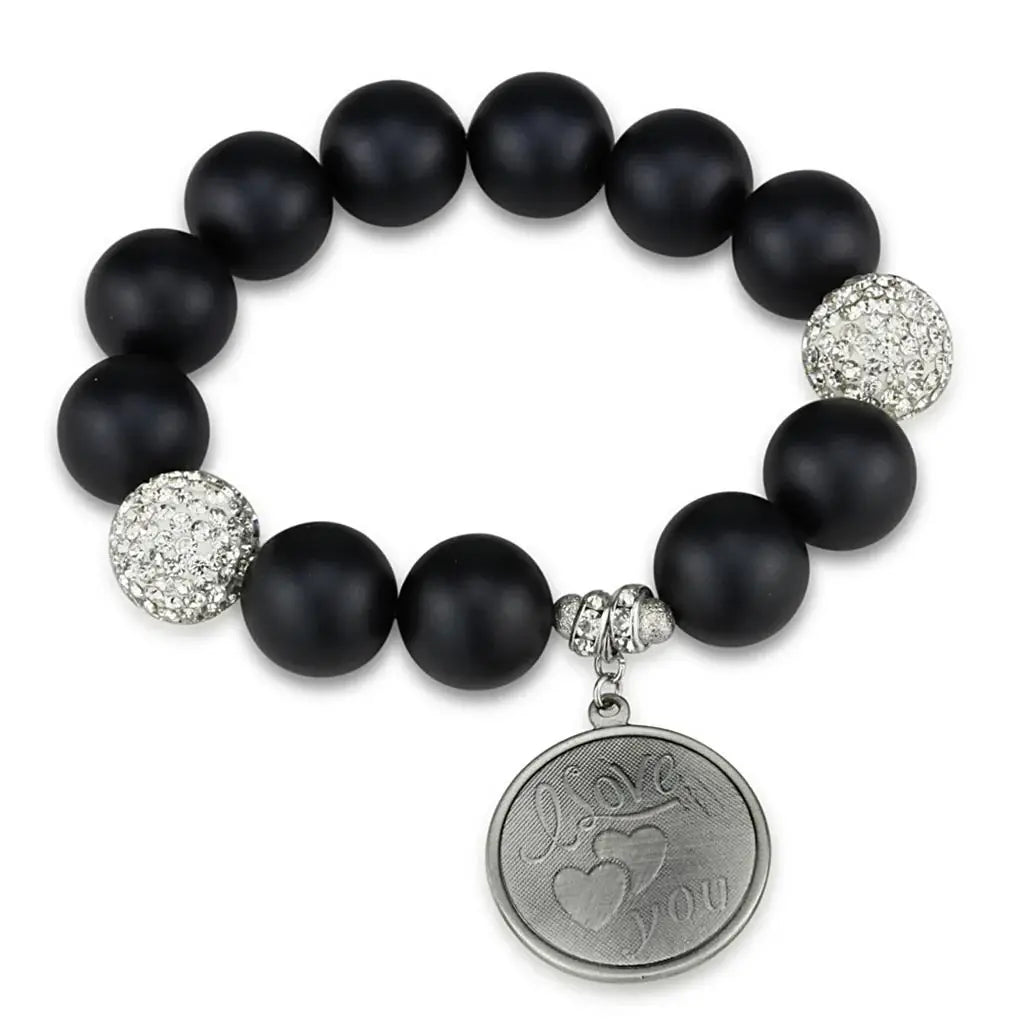 Alamode Antique Silver White Metal Bracelet with Synthetic Onyx in Jet - Alamode - Flyclothing LLC