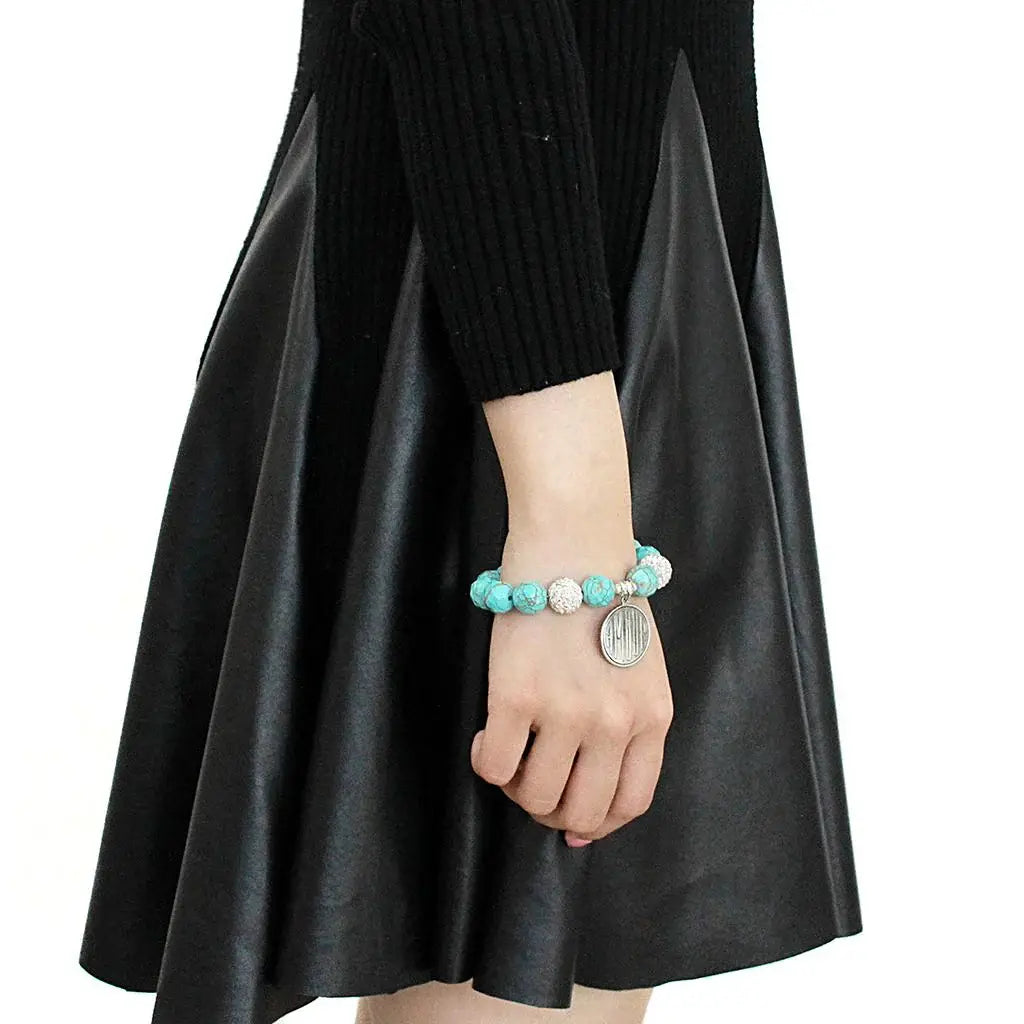 Alamode Antique Silver White Metal Bracelet with Synthetic Turquoise in Turquoise - Alamode - Flyclothing LLC