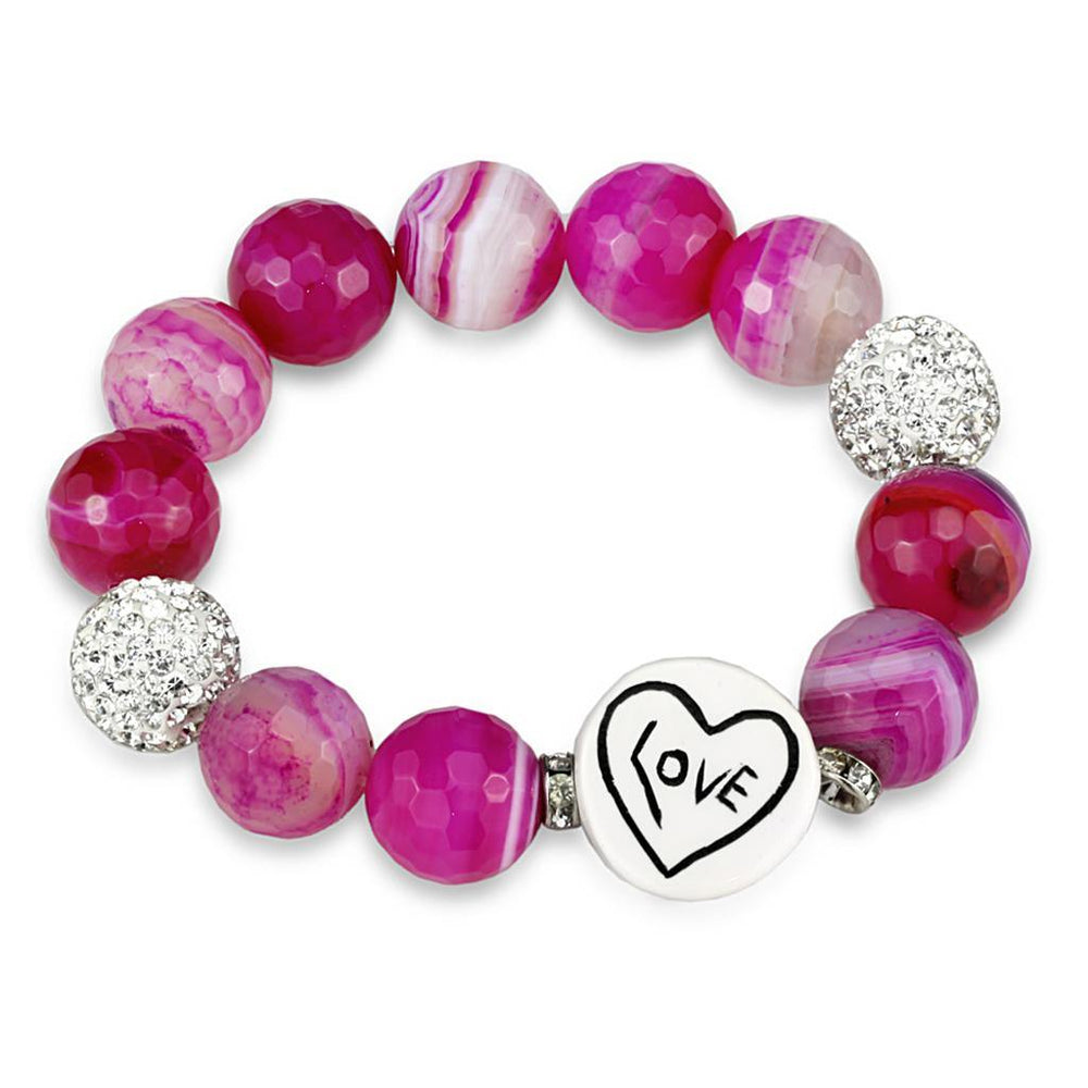Alamode Antique Silver Brass Bracelet with Synthetic Onyx in Fuchsia - Alamode