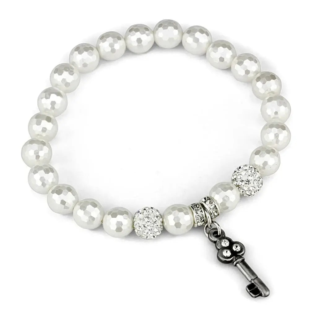 Alamode Antique Silver Brass Bracelet with Synthetic Glass Bead in White - Alamode - Flyclothing LLC