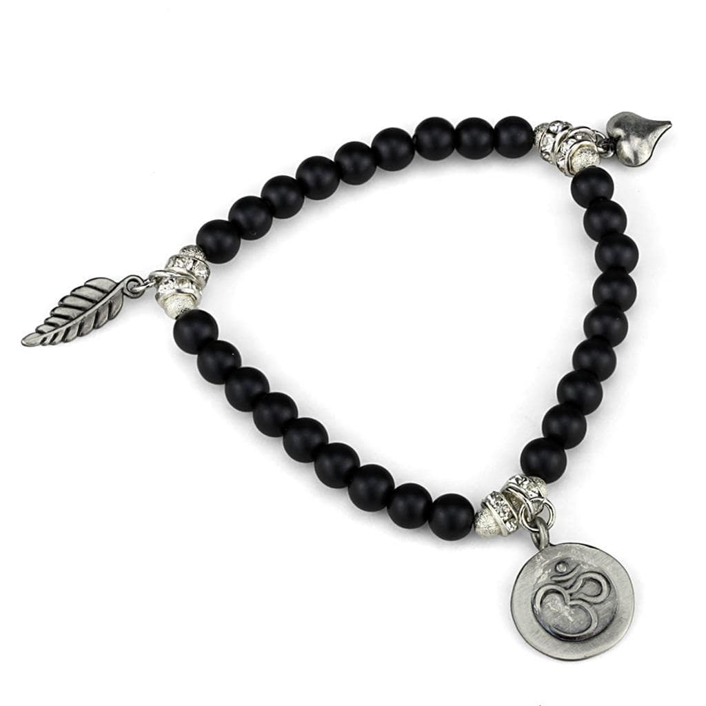 Alamode Antique Silver Brass Bracelet with Synthetic Glass Bead in Jet - Alamode