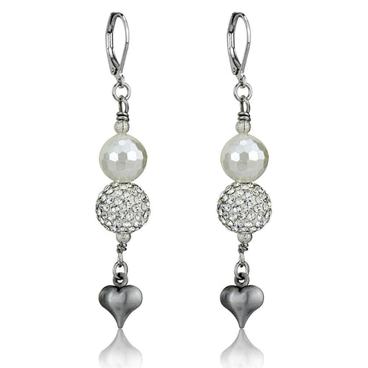 Alamode Antique Silver White Metal Earrings with Synthetic Glass Bead in White - Alamode