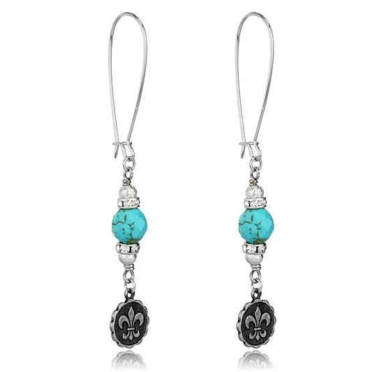 Alamode Antique Silver White Metal Earrings with Synthetic Turquoise in Turquoise