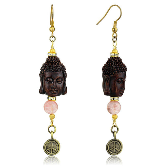Alamode Antique Copper White Metal Earrings with Synthetic Glass Bead in Rose
