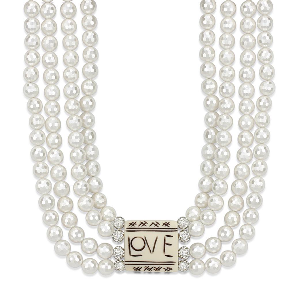 Alamode Antique Silver White Metal Necklace with Synthetic Glass Bead in White - Alamode