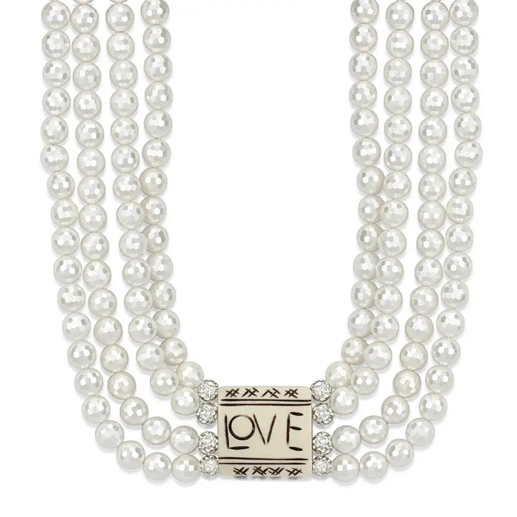 Alamode Antique Silver White Metal Necklace with Synthetic Glass Bead in White - Alamode - Flyclothing LLC