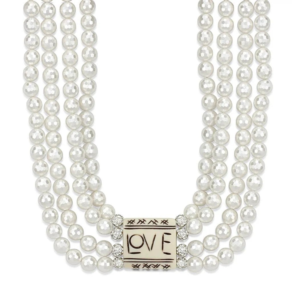 Alamode Antique Silver White Metal Necklace with Synthetic Glass Bead in White - Alamode