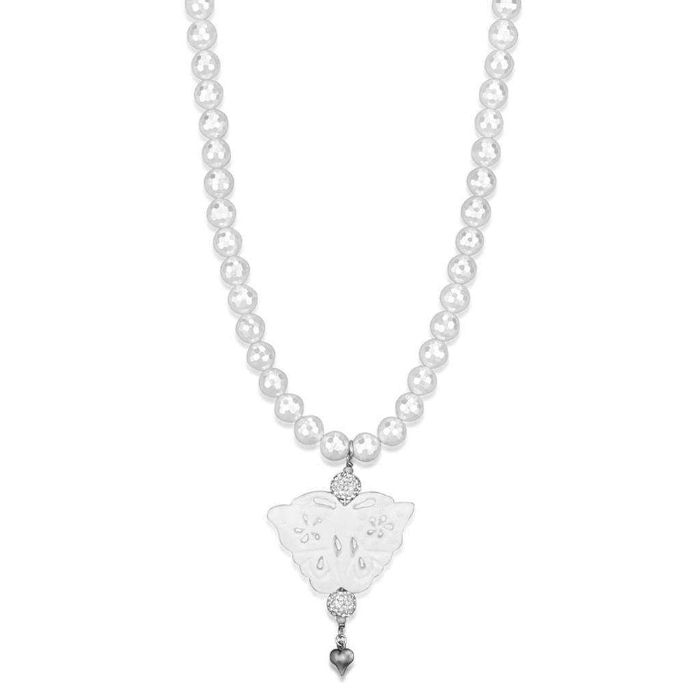 Alamode Antique Silver White Metal Necklace with Synthetic Glass Bead in White - Alamode - Flyclothing LLC
