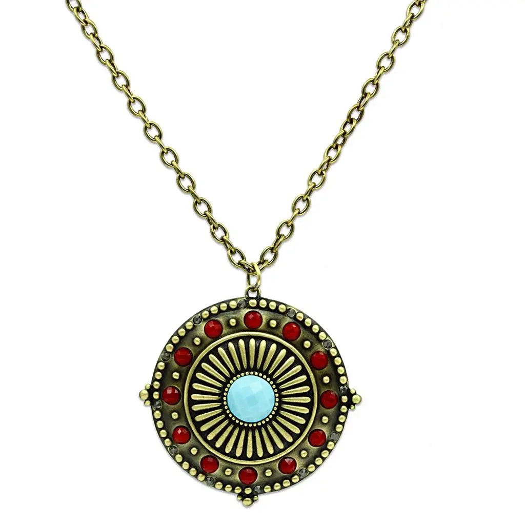 Alamode Antique Copper Brass Chain Pendant with Synthetic Synthetic Glass in Sea Blue - Alamode - Flyclothing LLC