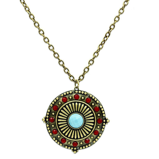 Alamode Antique Copper Brass Chain Pendant with Synthetic Synthetic Glass in Sea Blue