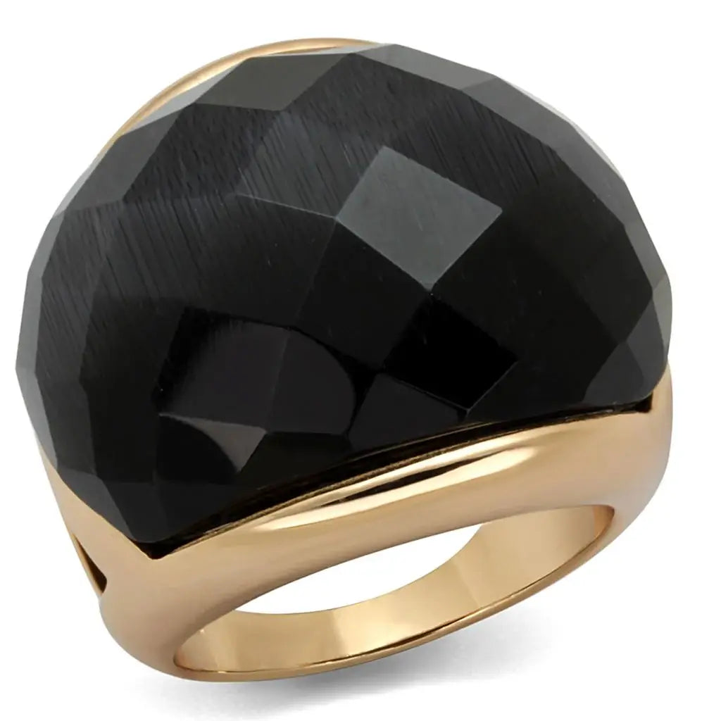 Alamode Rose Gold Brass Ring with Synthetic Cat Eye in Jet - Alamode - Flyclothing LLC