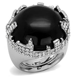 Alamode Rhodium Brass Ring with Synthetic Cat Eye in Jet - Alamode