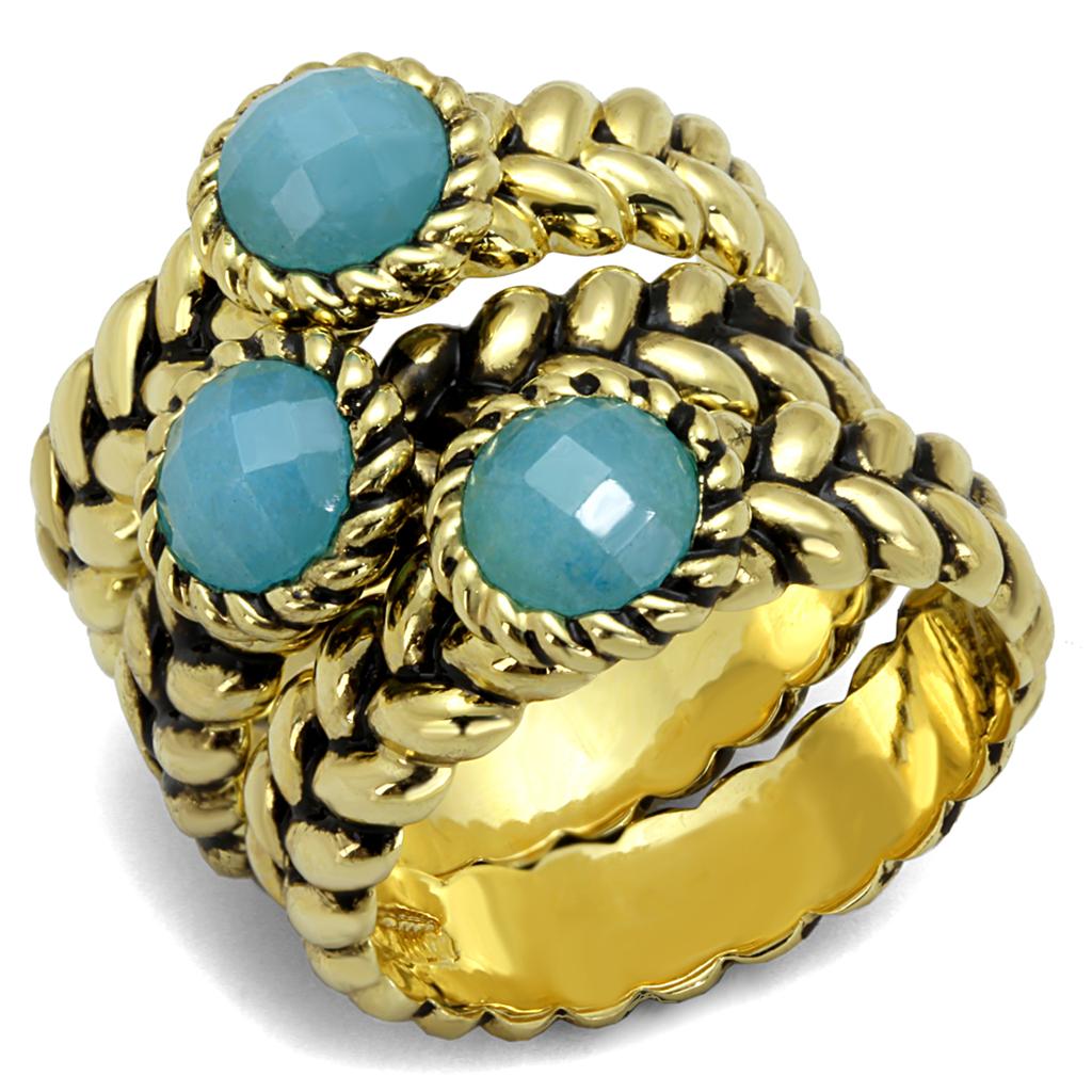 Alamode Gold Brass Ring with Synthetic Cat Eye in Sea Blue