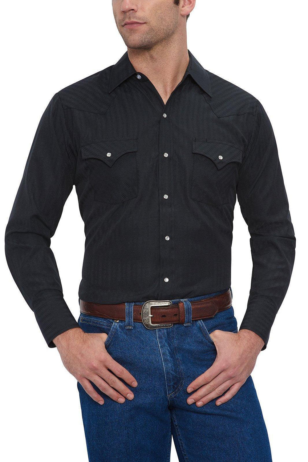 Ely Cattleman Mens L/S Black Tone On Tone Snap Shirt - Ely Cattleman