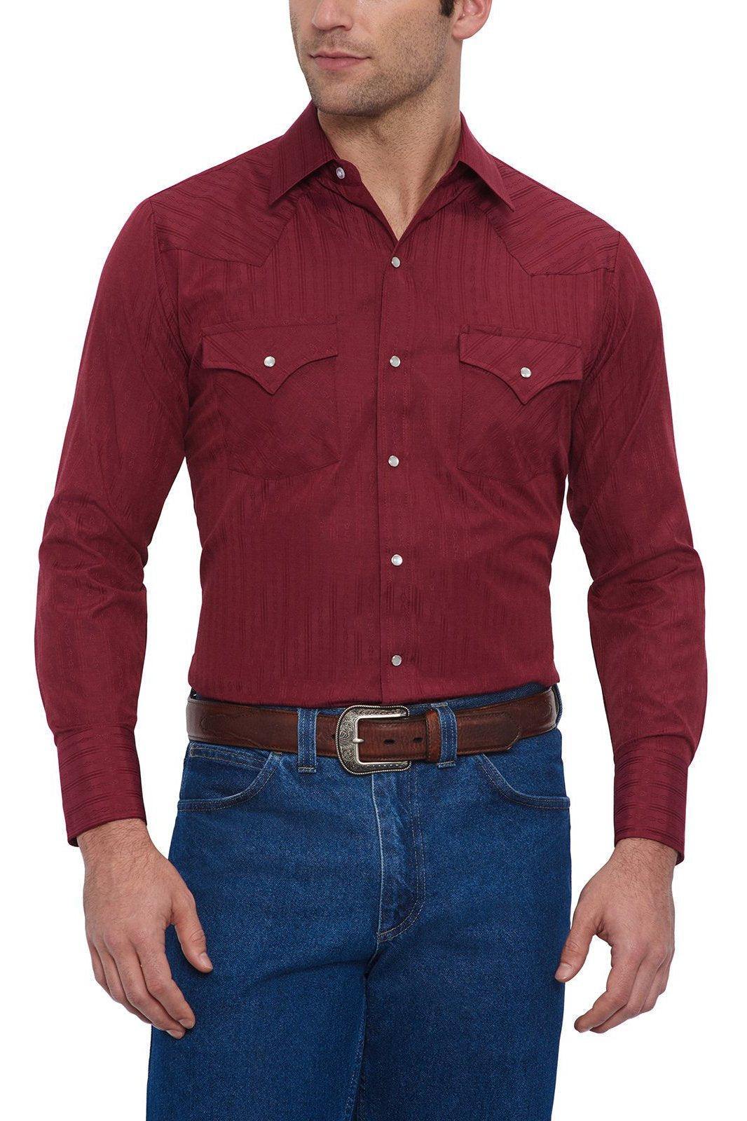 Ely Cattleman Mens L/S Burgandy Tone On Tone Snap Shirt - Ely Cattleman
