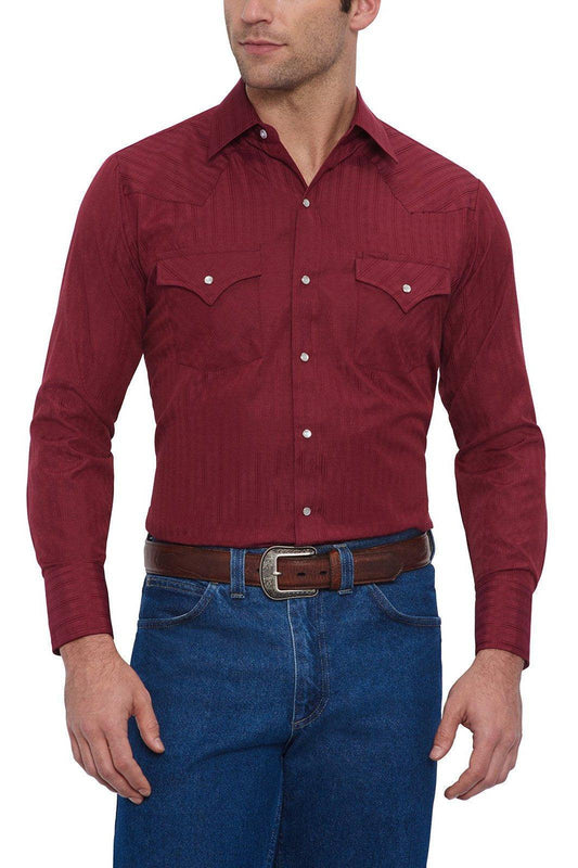 Ely Cattleman Mens L/S Burgandy Tone On Tone Snap Shirt - Ely Cattleman