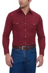 Ely Cattleman Mens L/S Burgandy Tone On Tone Snap Shirt - Ely Cattleman