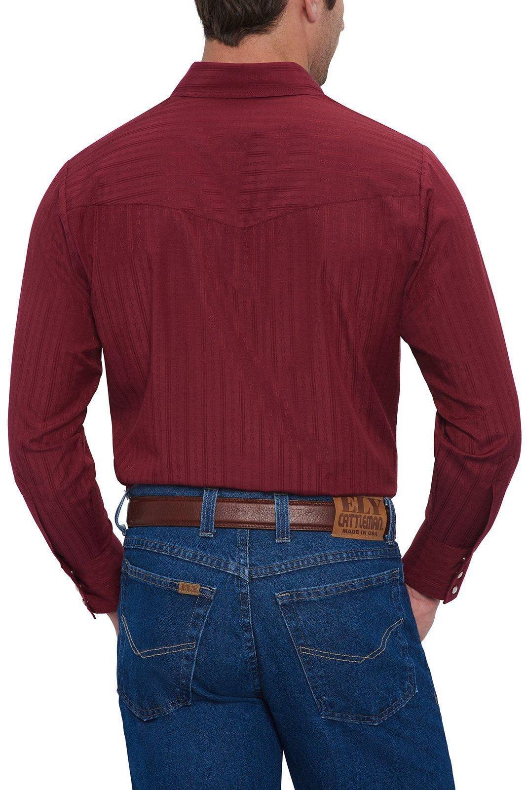 Ely Cattleman Mens L/S Burgandy Tone On Tone Snap Shirt - Ely Cattleman
