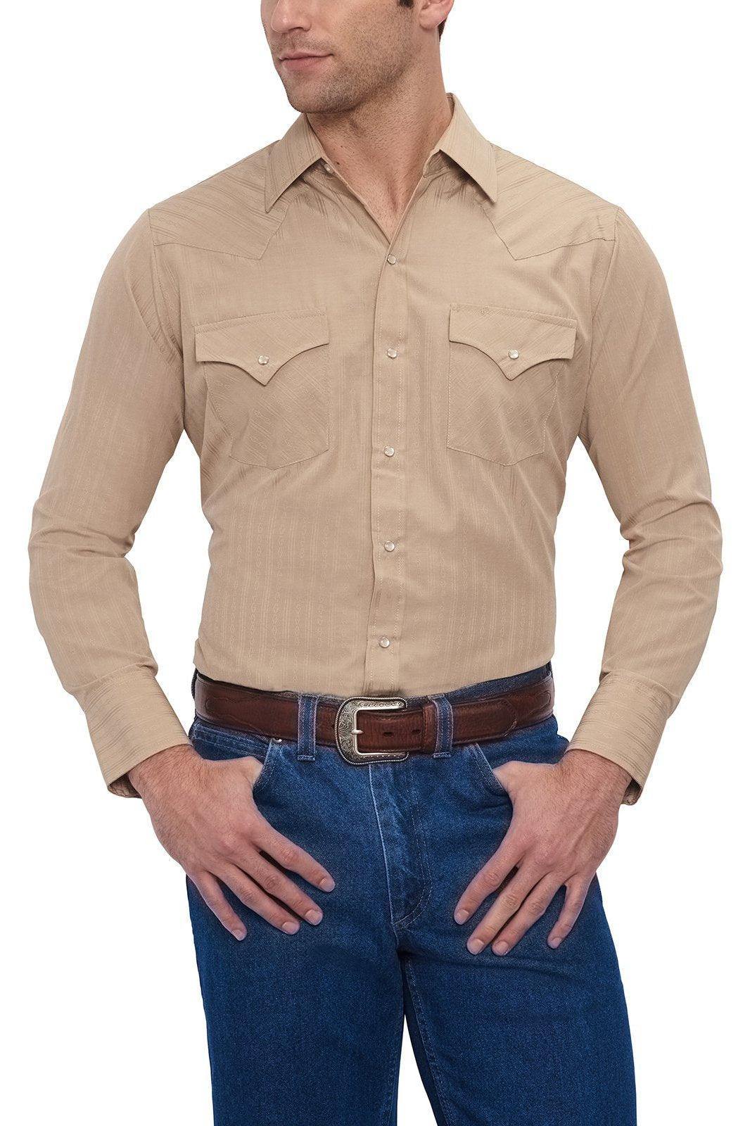 Ely Cattleman Mens L/S Khaki Tone On Tone Snap Shirt - Ely Cattleman