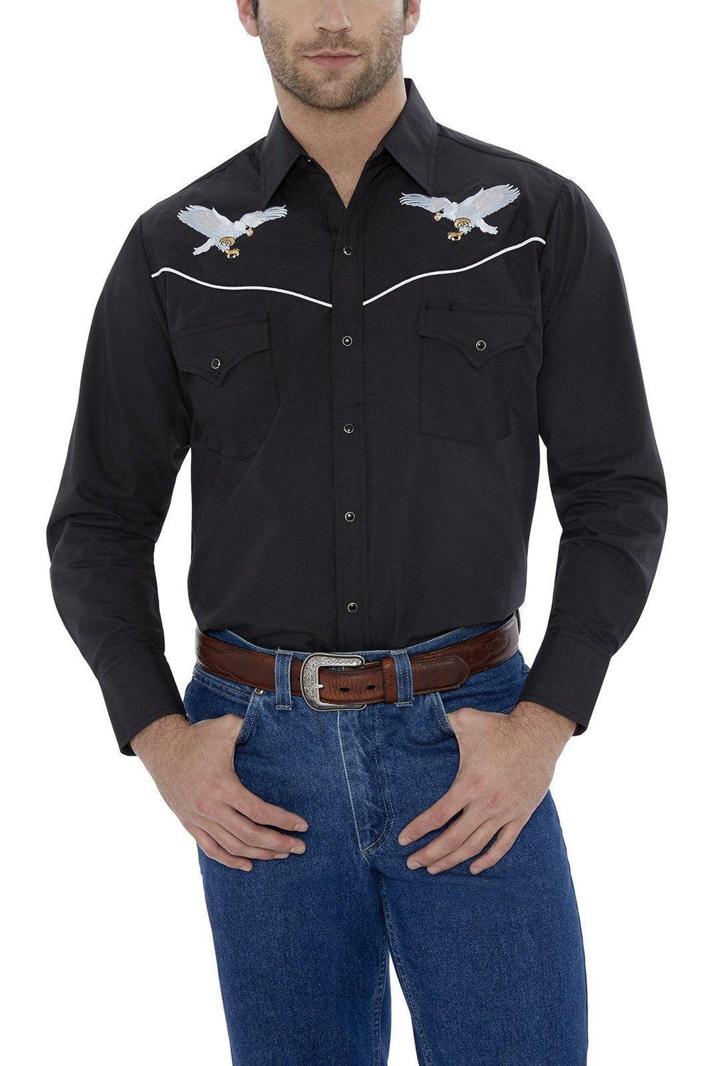 Ely Cattleman Mens L/S Black Solid W/ Eagle Embroidery - Ely Cattleman