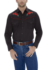 Ely Cattleman Mens L/S Black Solid W/ Red Rose Embroidery - Flyclothing LLC