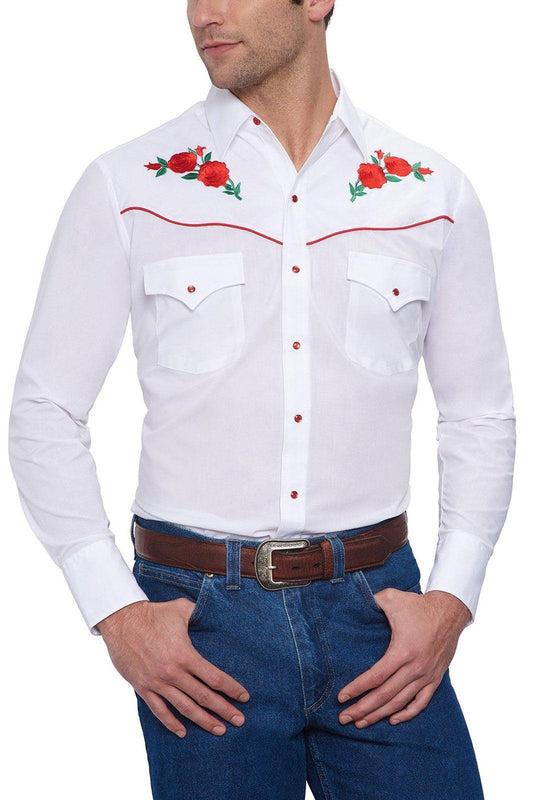 Ely Cattleman Mens L/S White Solid W/Red Rose Embroidery - Ely Cattleman