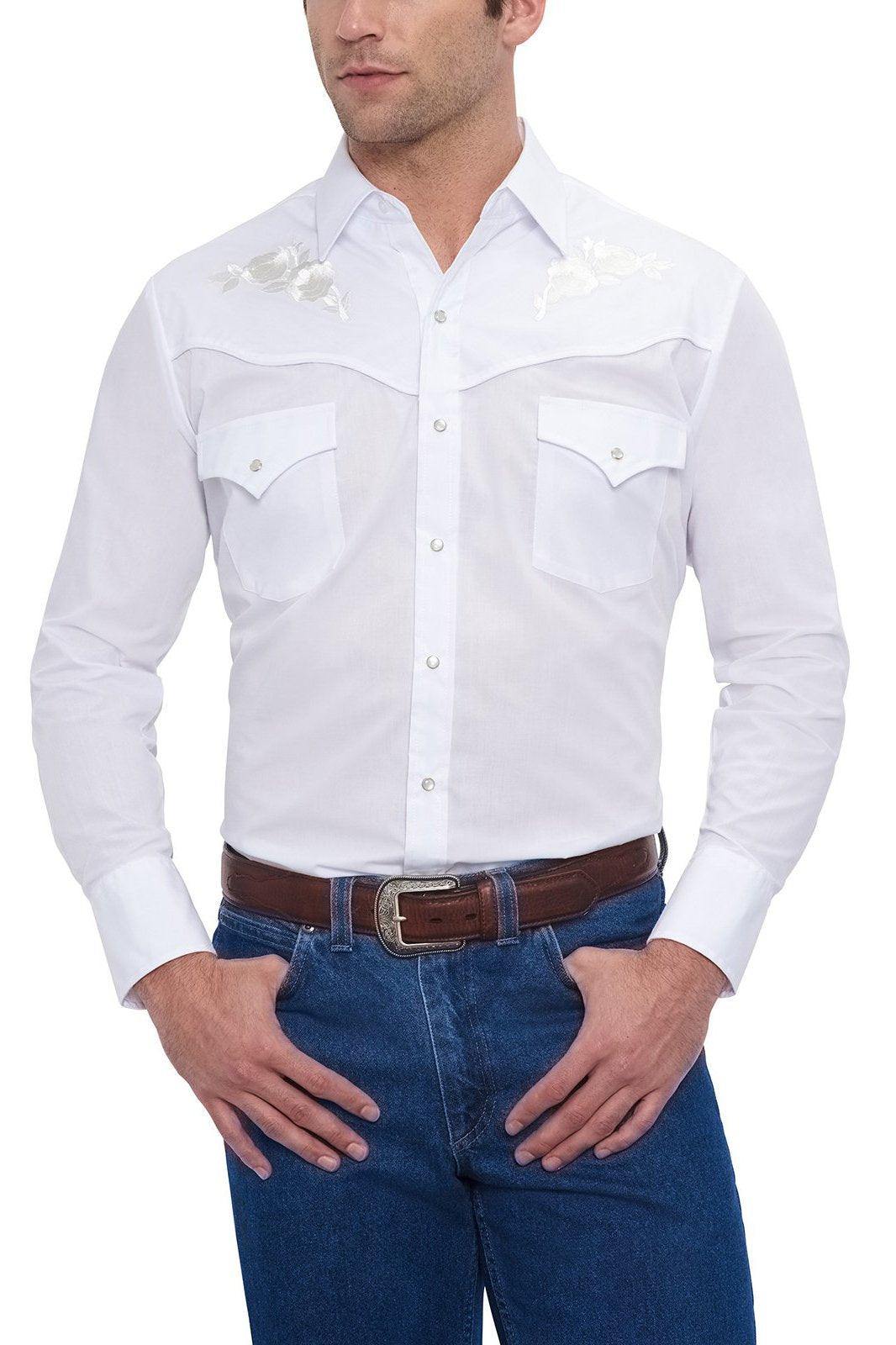 Ely Cattleman Mens L/S White Solid Shirt with white embroidered roses - Ely Cattleman