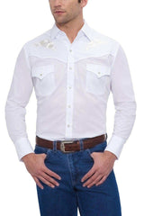 Ely Cattleman Mens L/S White Solid Shirt with white embroidered roses - Ely Cattleman - Flyclothing LLC