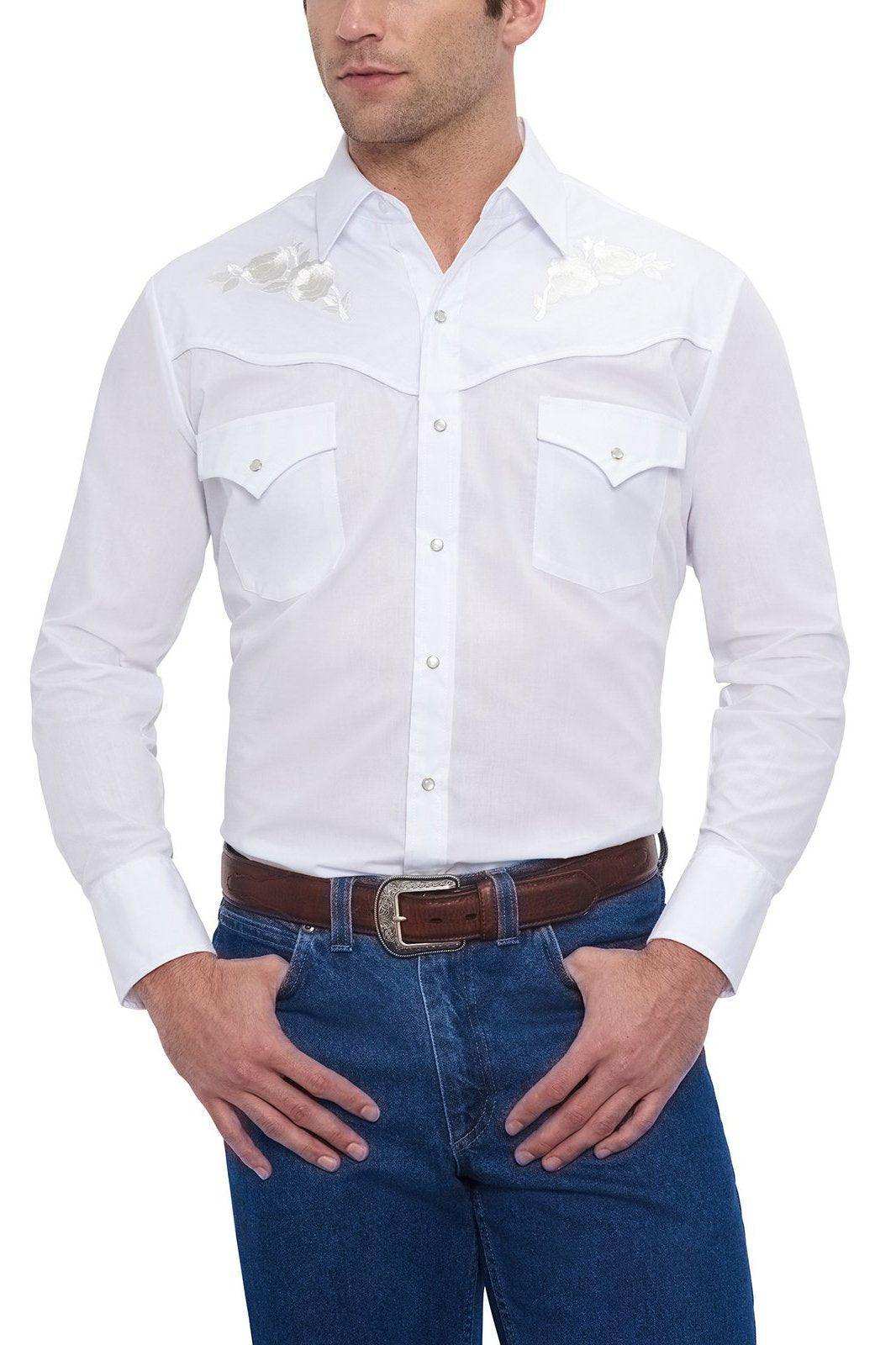 Ely Cattleman Mens L/S White Solid Shirt with white embroidered roses - Ely Cattleman - Flyclothing LLC