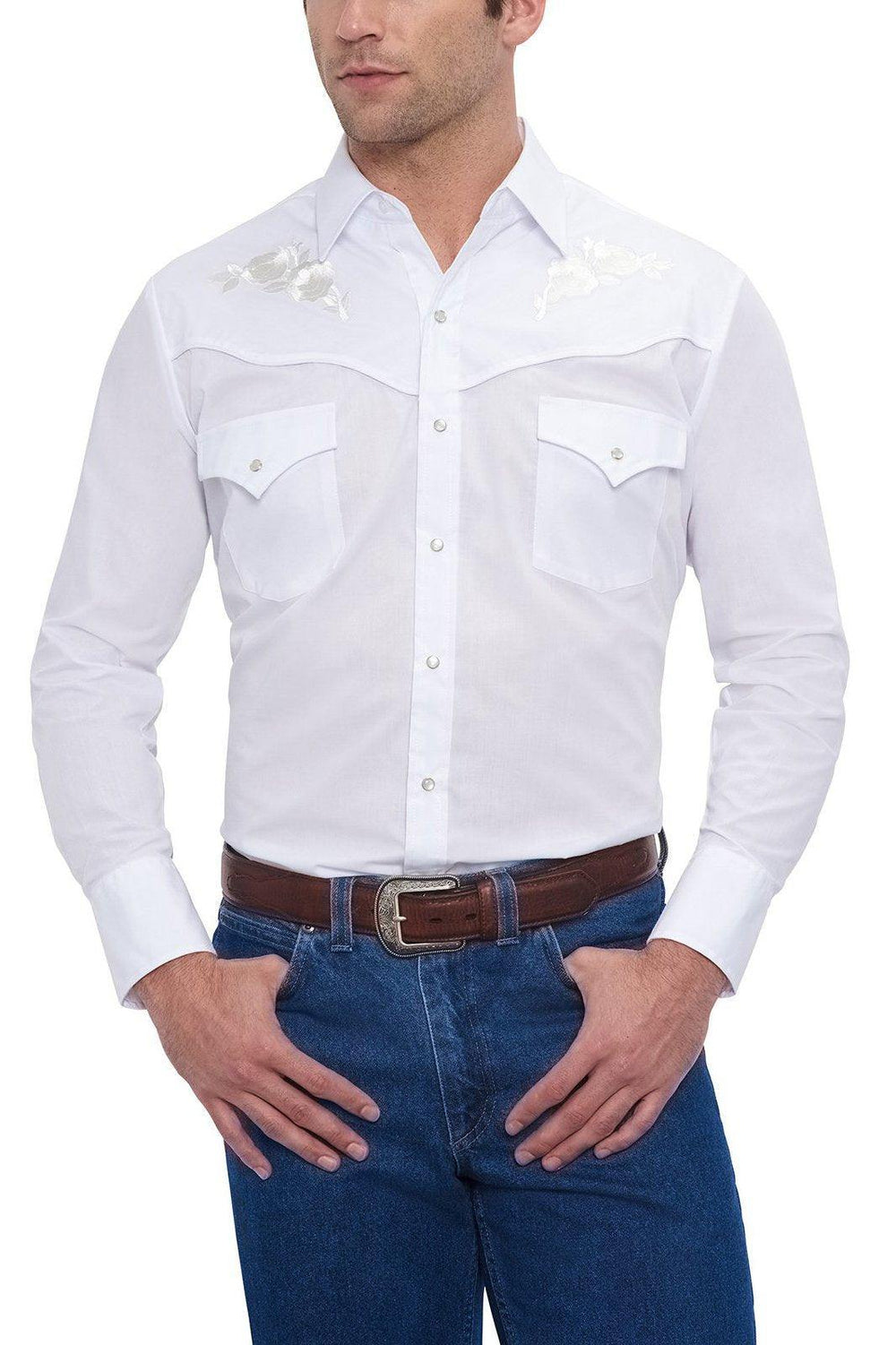 Ely Cattleman Mens L/S White Solid Shirt with white embroidered roses - Ely Cattleman