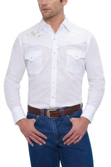 Ely Cattleman Mens L/S White Solid Shirt with white embroidered roses - Ely Cattleman