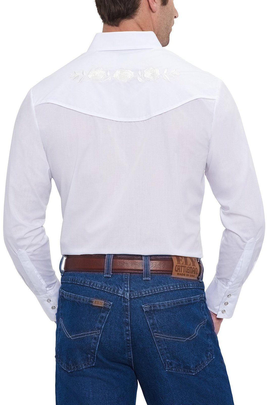 Ely Cattleman Mens L/S White Solid Shirt with white embroidered roses - Ely Cattleman