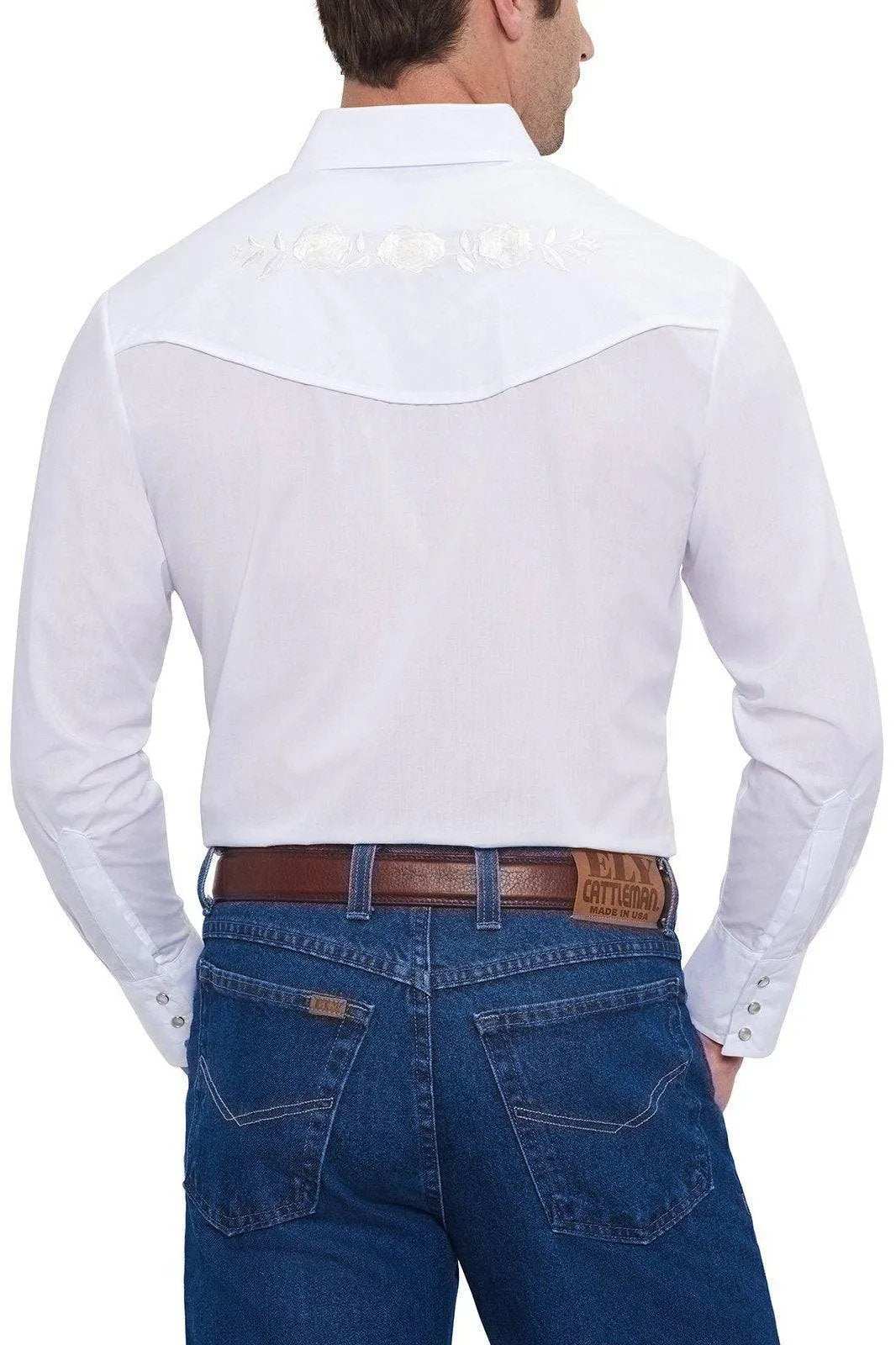 Ely Cattleman Mens L/S White Solid Shirt with white embroidered roses - Ely Cattleman - Flyclothing LLC