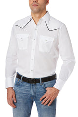 Ely Cattleman Mens L/S White W/ Black Piping Snap Shirt - Flyclothing LLC