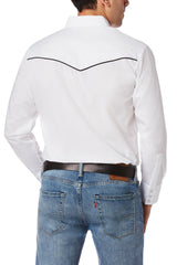 Ely Cattleman Mens L/S White W/ Black Piping Snap Shirt - Flyclothing LLC